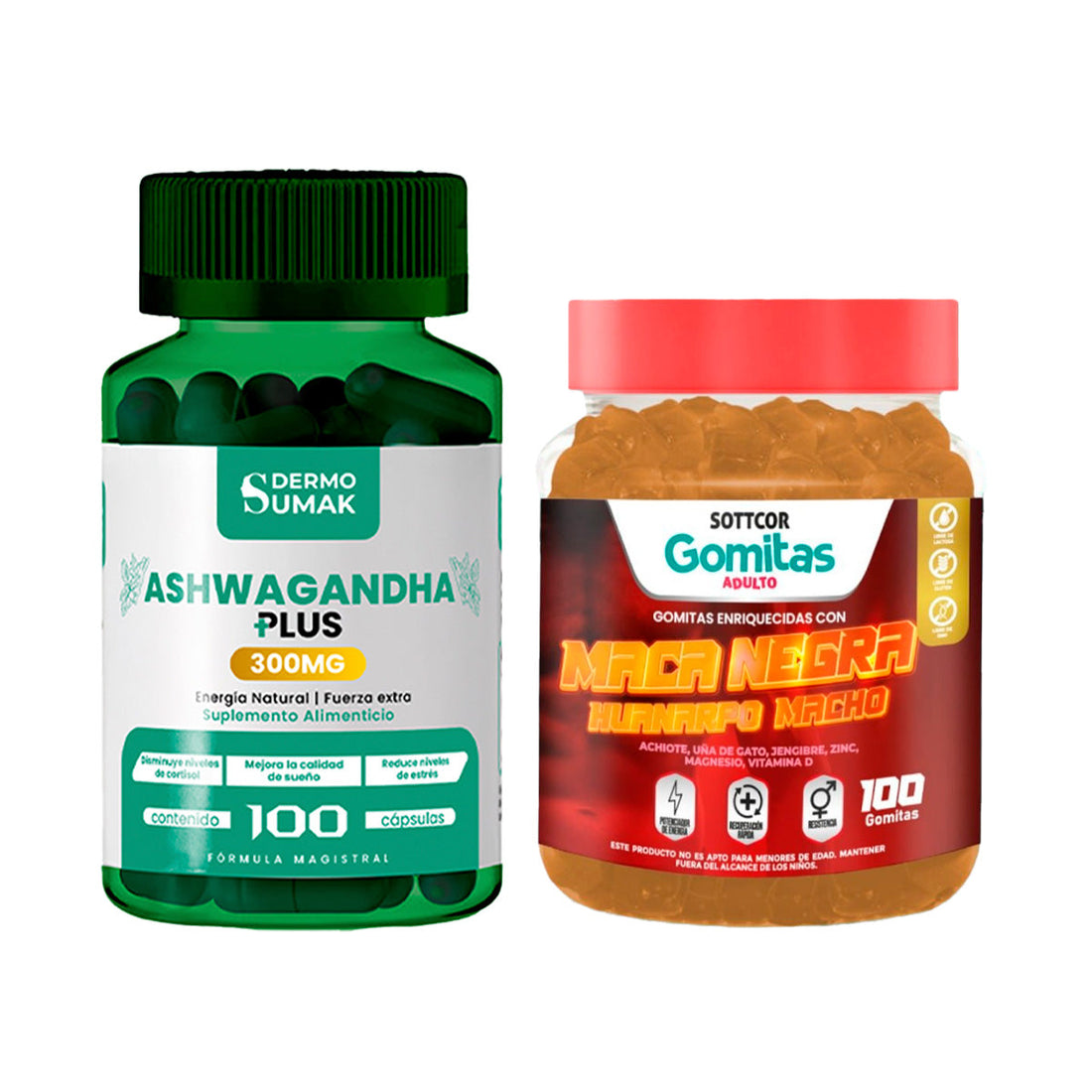 Ashwagandha Plus 300mg - 100 Cap - Dermo Sumak+Gomitas de Maca Negra