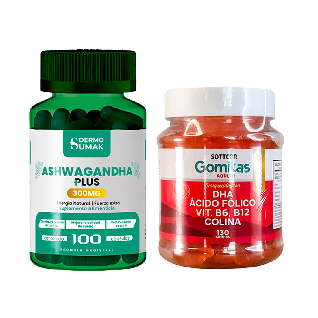 Ashwagandha Plus 300mg - 100 Cap - Dermo Sumak+Gomitas de DHA + Ácido Fólico + B6, B12