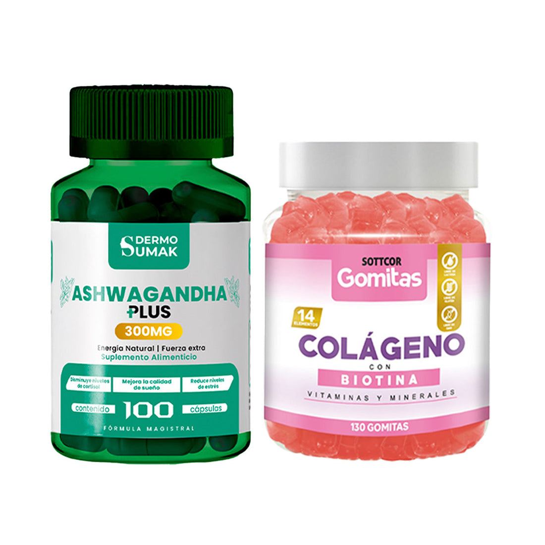Ashwagandha Plus 300mg - 100 Cap - Dermo Sumak+Gomitas de Colágeno y Biotina