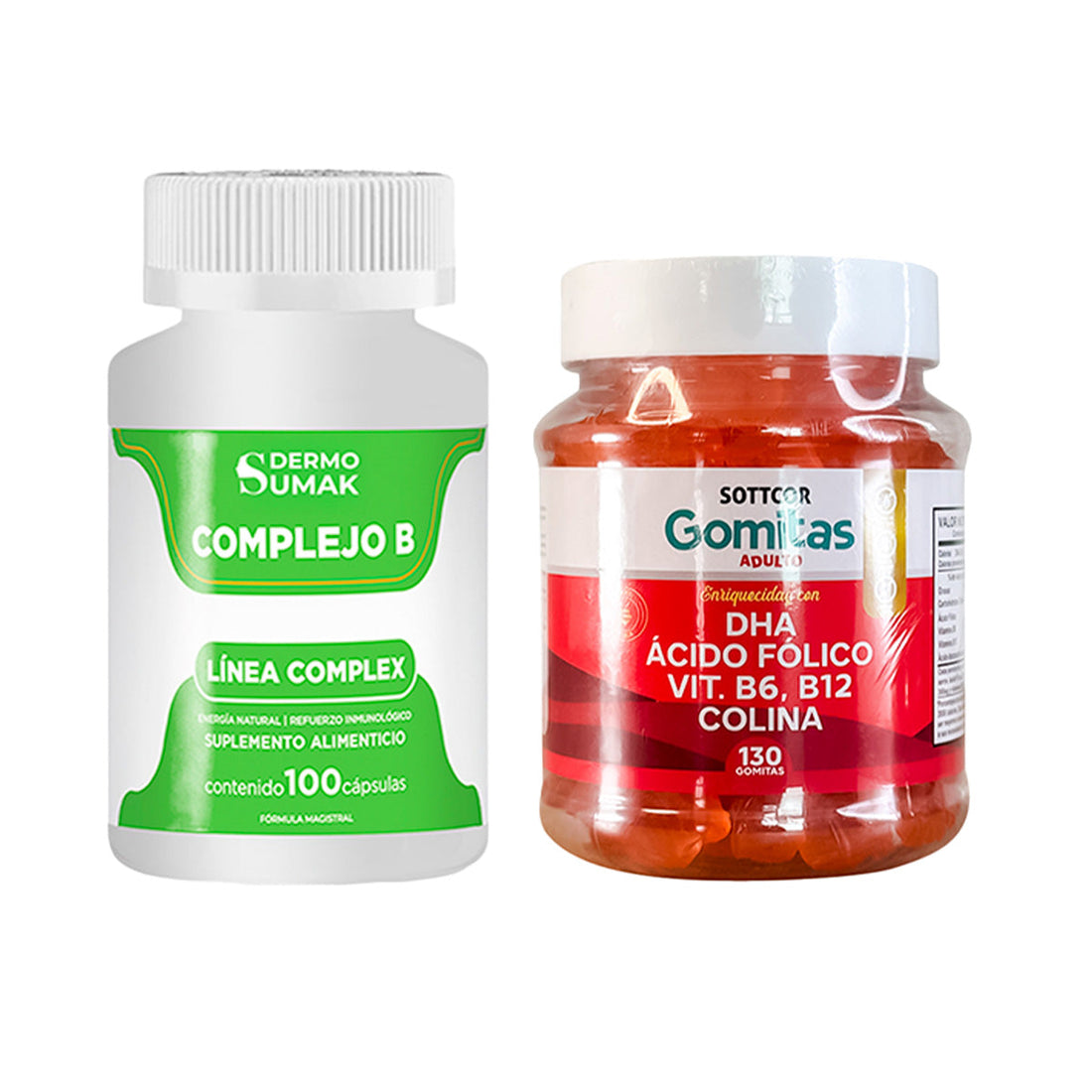 Complejo B Complex 100 Cap - Dermo Sumak+Gomitas con DHA, Ácido Fólico, B6 y B12