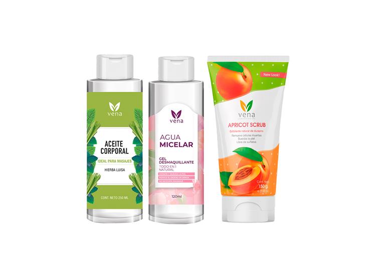 Aceite corporal vena Hierba Luisa 250 ml|Agua Micelar En Gel Vena 120 ml|Exfoliante Natural Apricot Scrub 150gr