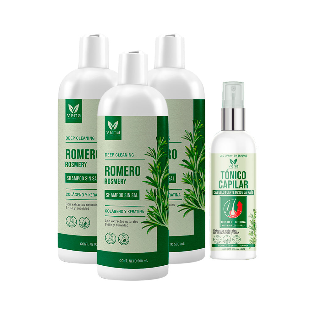 3 Shampoo Romero 500ml + Tónico capilar 120ml - Vena