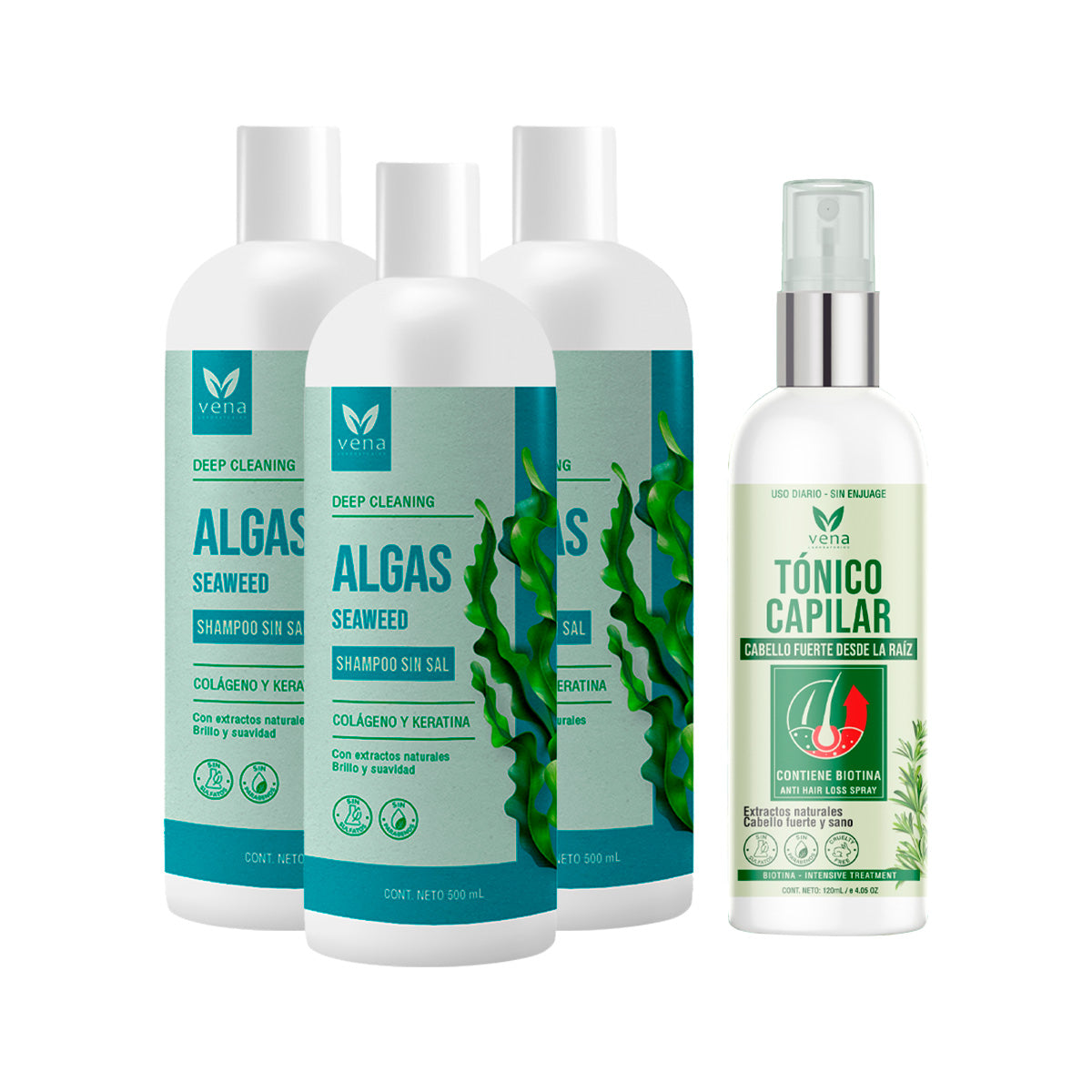 3 Shampoo Algas sin sal 500ml + Tónico capilar 120ml - Vena