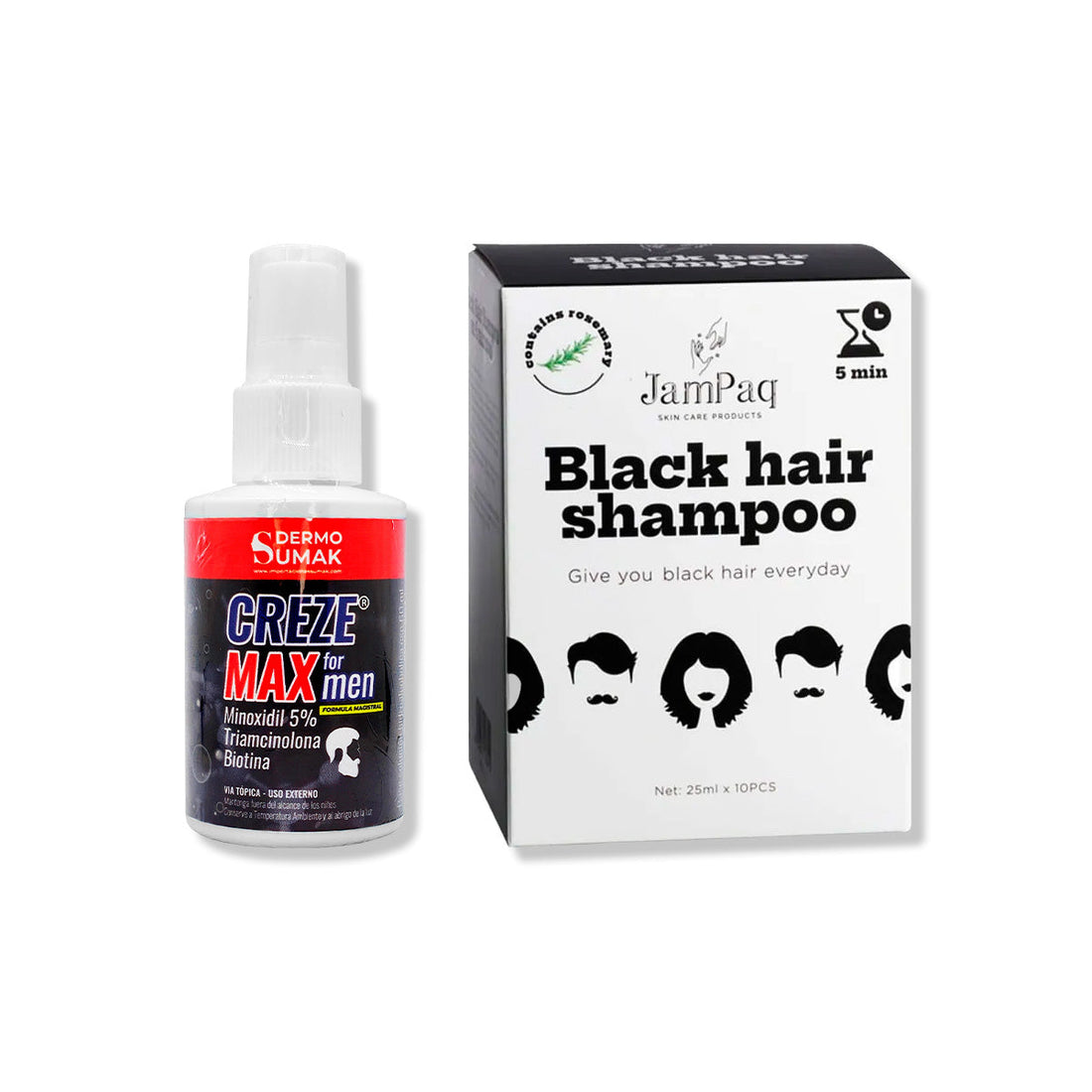 CREZE MAX FORMEN 60ML + SHAMPOO CUBRE CANAS NEGRO 25ML X 10UND JAMPAQ