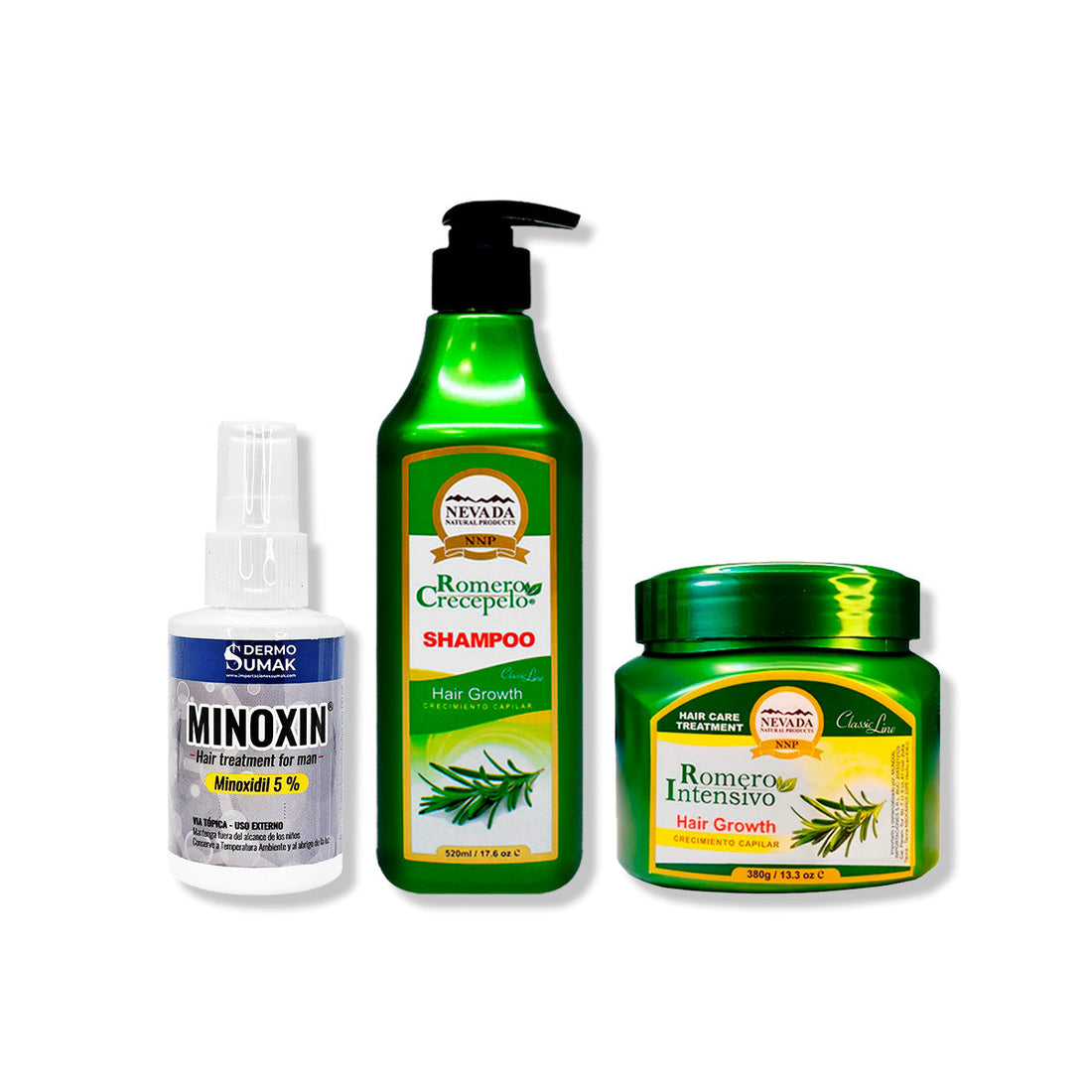 LOCIÓN MINOXIN 60ML + SHAMPOO ROMERO 520ML + CREMA DE CRECIMIENTO