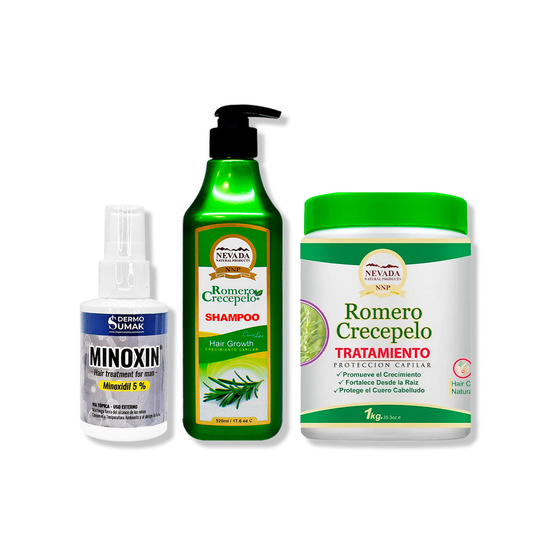 LOCIÓN MINOXIN 60ML + SHAMPOO ROMERO 520ML + TRATAMIENTO CAPILAR