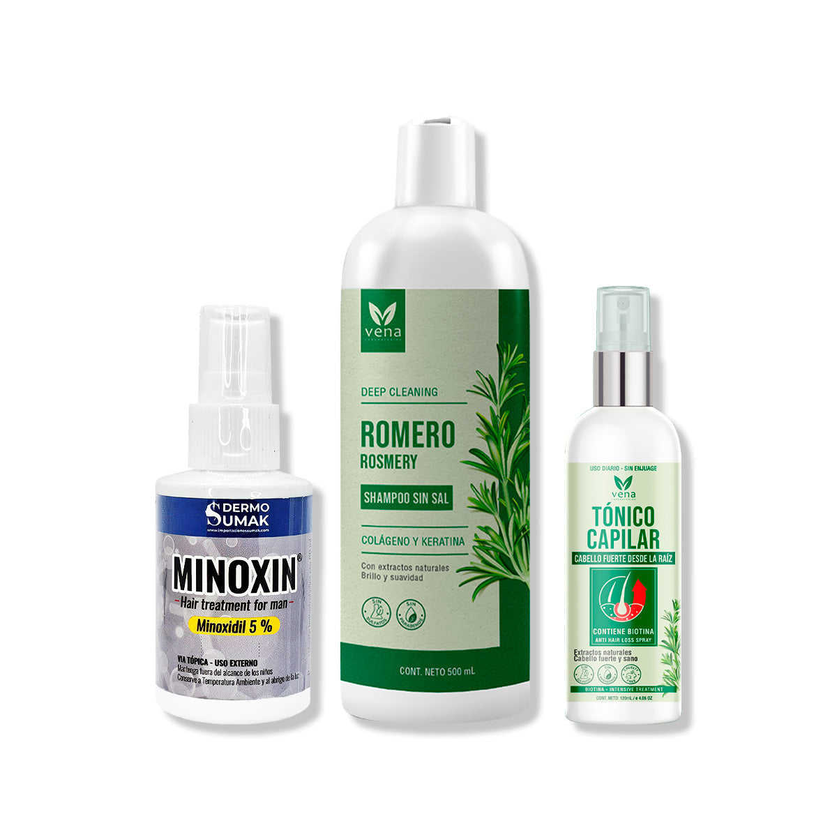 LOCIÓN MINOXIN 60ML + SHAMPOO ROMERO VENA + TÓNICO CAPILAR VENA