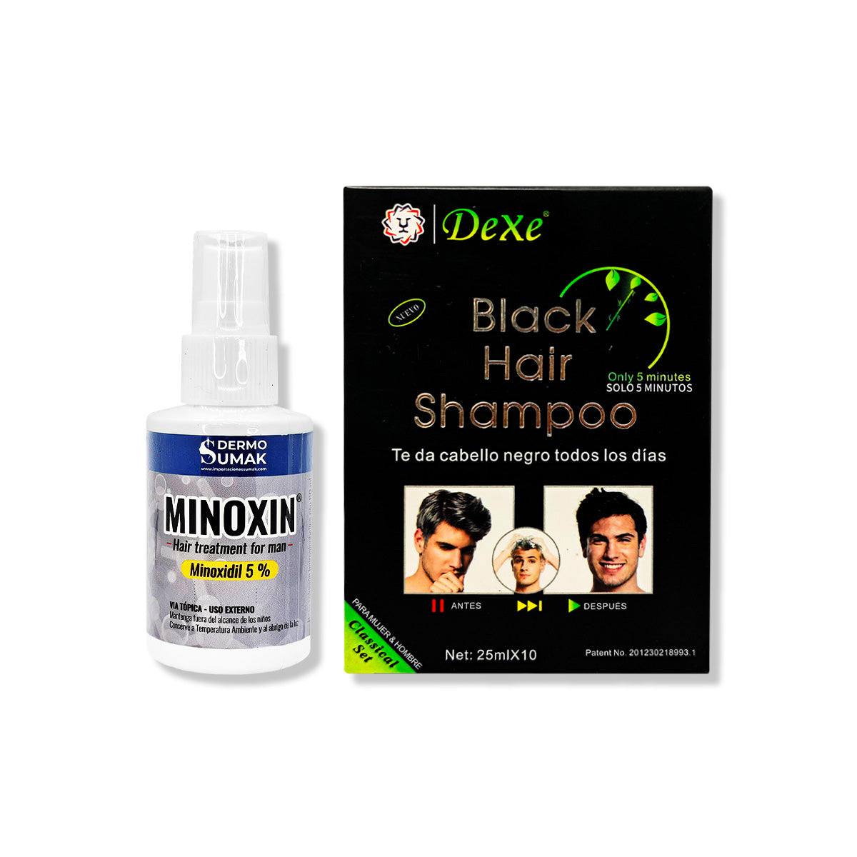 LOCIÓN MINOXIN 60ML + SHAMPOO CUBRE CANAS NEGRO 250ML X 10 UND