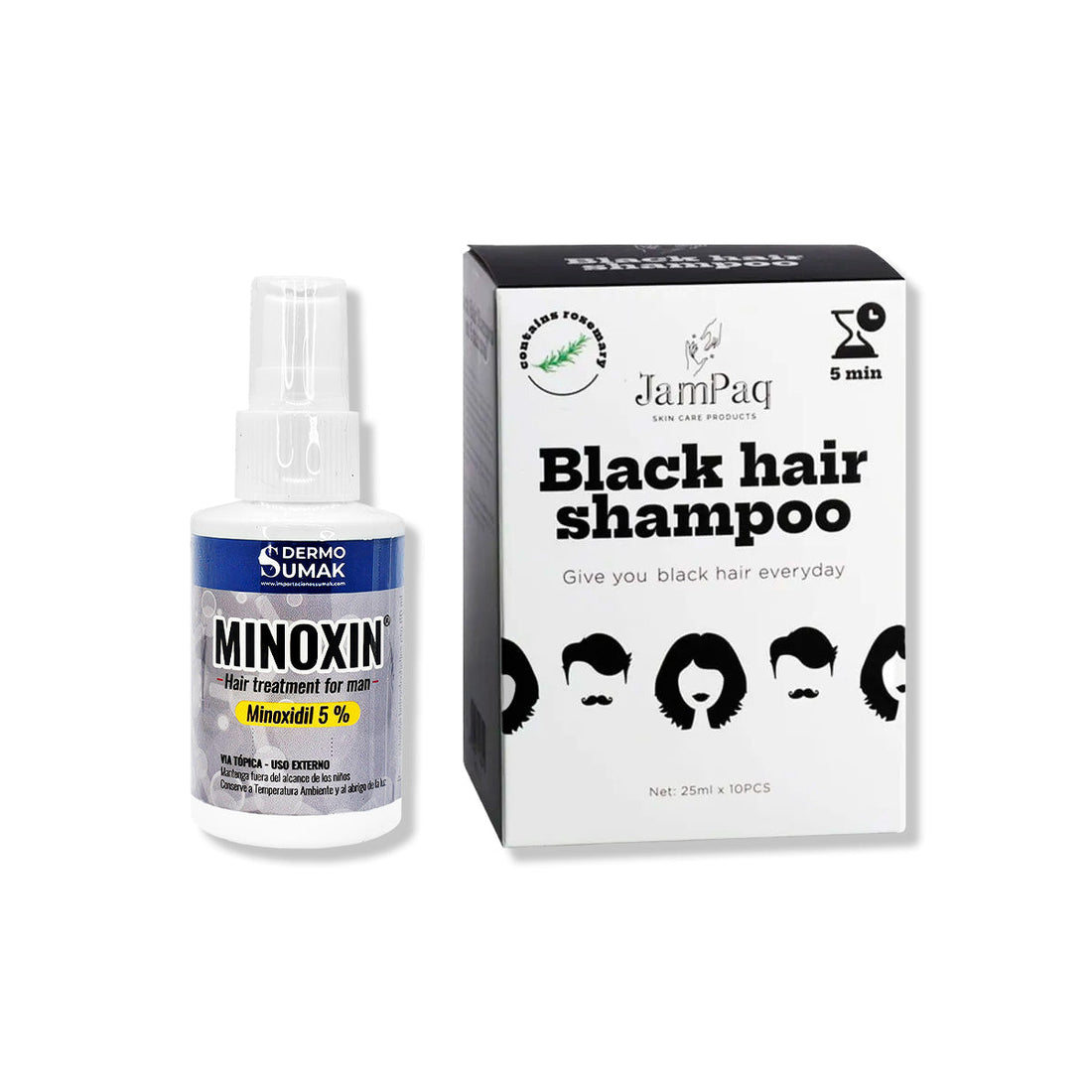 LOCIÓN MINOXIN 60ML + SHAMPOO CUBRE CANAS NEGRO 25ML X 10UND JAMPAQ