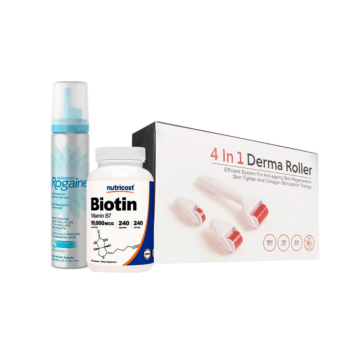 1 Minoxidil ROGAINE® MUJER AL 5% + 1 Derma Roller 4 en 1 + 1 Biotin Nutricost 10,000 mcg