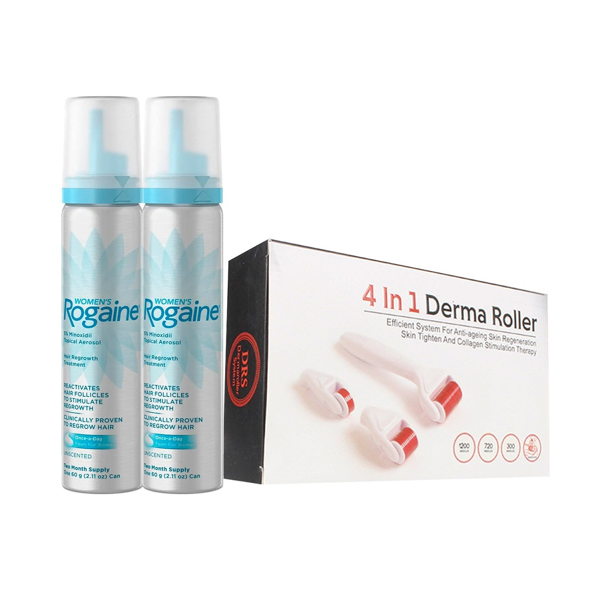 2 Minoxidil ROGAINE® MUJER AL 5% + 1 Derma Roller 4 en 1