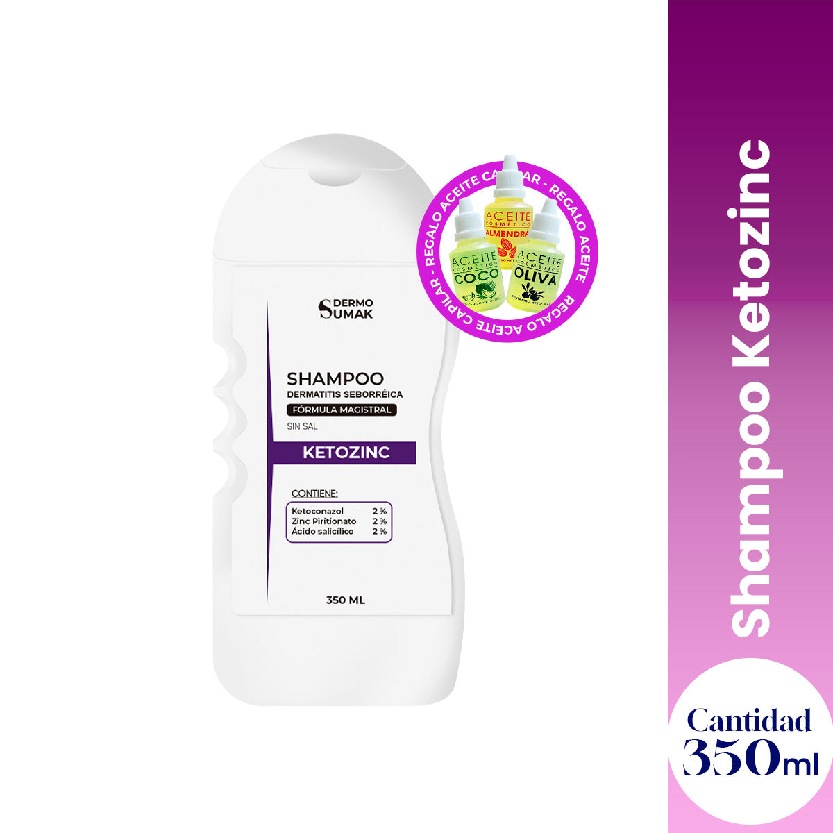 DERMO SUMAK&amp;nbsp; SHAMPOO ANTICASPA Y SABORREA - SHAMPOO SIN SAL KETOZINC 350ML + REGALO ACEITE CAPILAR