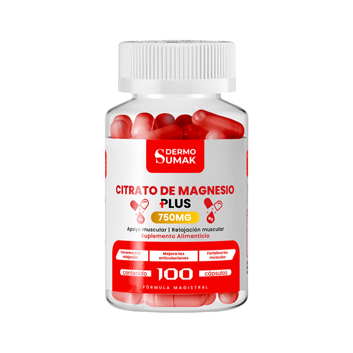 DERMO SUMAK – SUPLEMENTO PARA SALUD MUSCULAR Y NERVIOS – CITRATO DE MAGNESIO PLUS – 100 CÁPSULAS + REGALO PASTILLERO