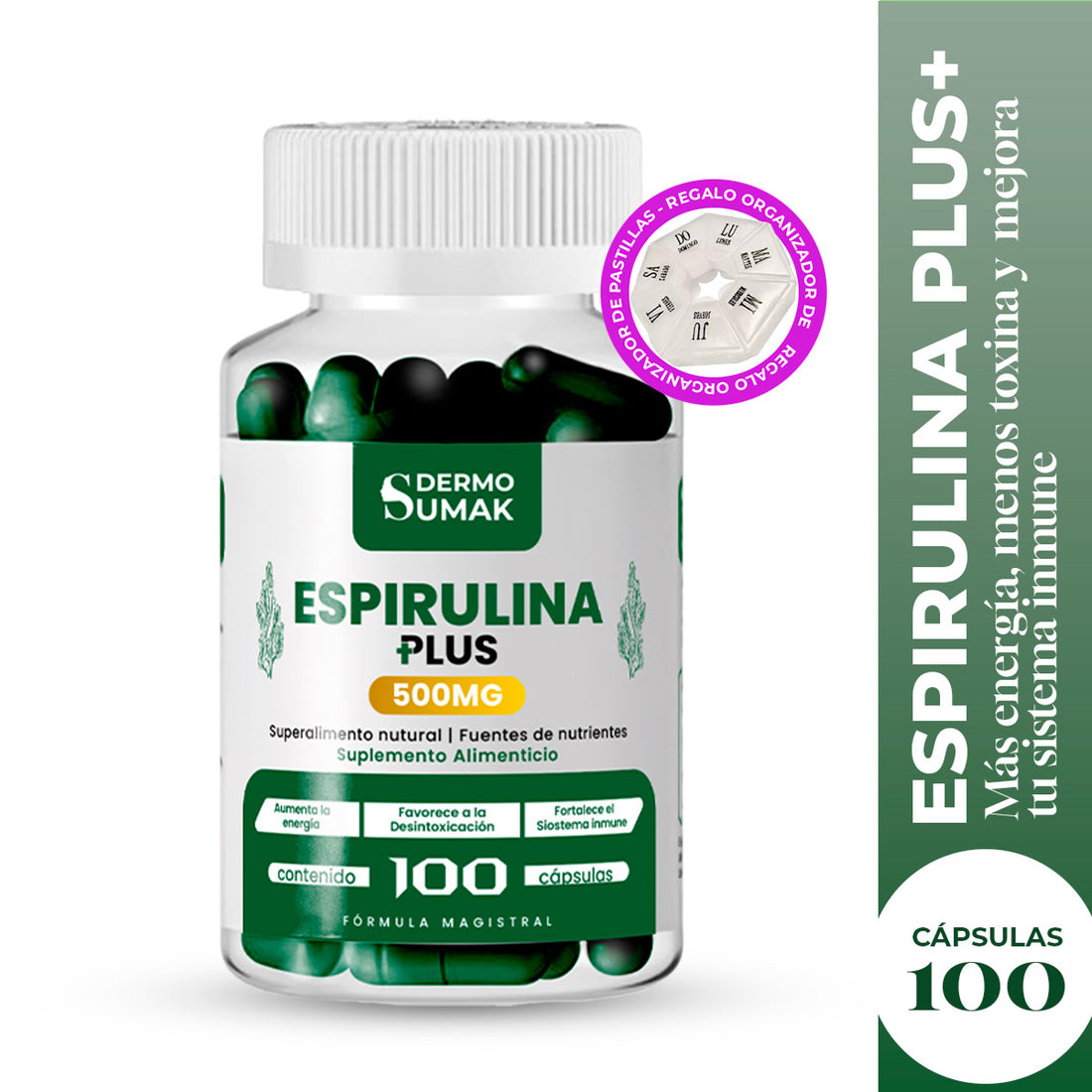 Espirulina Plus+ 500mg Dermo Sumak + REGALO PASTILLERO