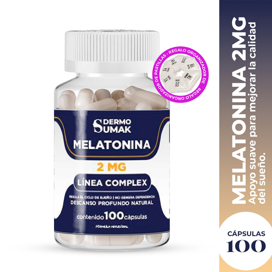 DERMO SUMAK – SUPLEMENTO PARA EL SUEÑO – MELATONINA 2MG – 100 CÁPSULAS +  REGALO PASTILLERO