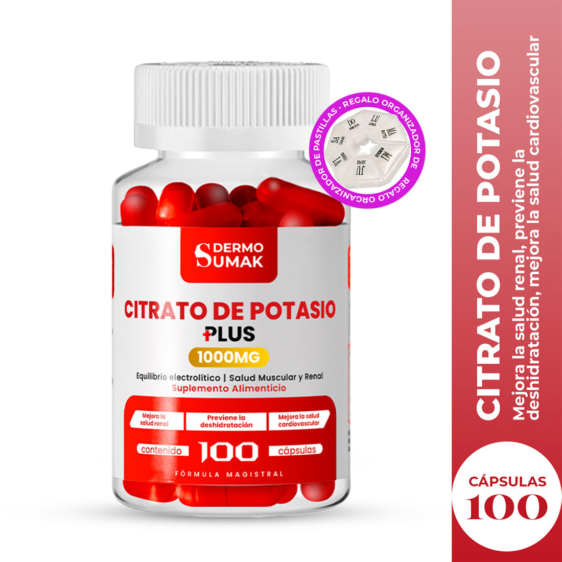 DERMO SUMAK – SUPLEMENTO DE MINERAL Y ELECTROLITOS – CITRATO DE POTASIO – 100 CÁPSULAS +  REGALO PASTILLERO
