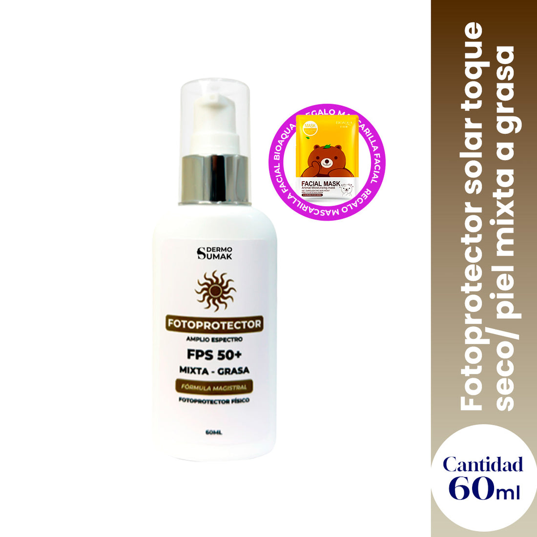 Fotoprotector solar toque seco/ piel mixta a grasa 60ml - Dermo Sumak + REGALO MASCARILLA