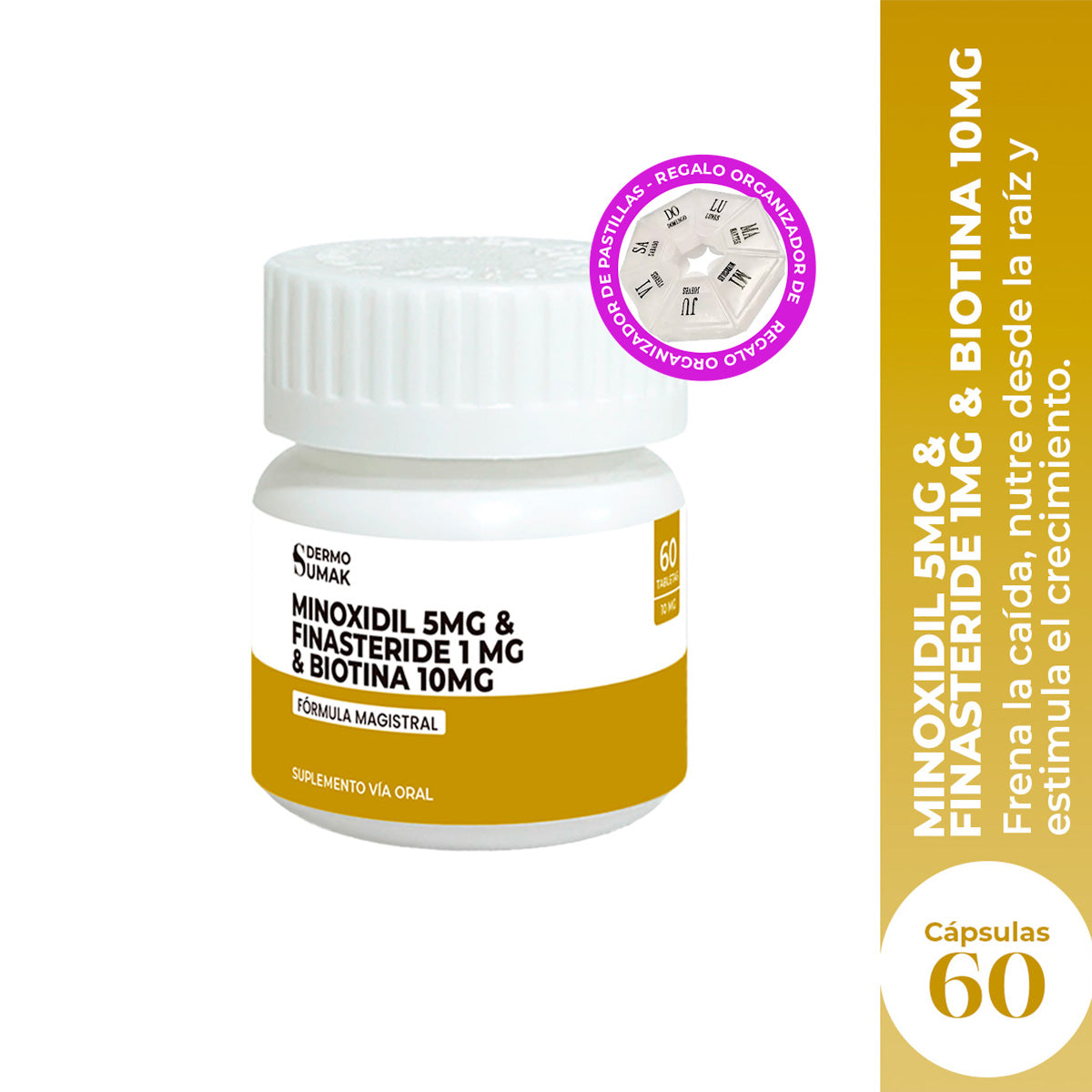 Finasteride 1 mg &amp; Minoxidil 5 mg &amp; Biotina 10 mg x 60 Cápsulas- Dermo Sumak + REGALO PASTILLERO