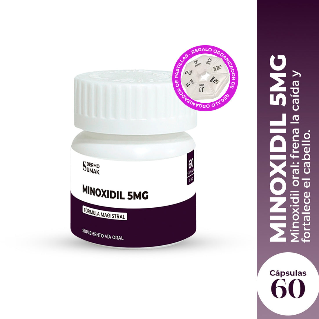 Oferta !!!  MINOXIDIL CAPSULA 5MG -  60 CAPS - Dermo Sumak + REGALO PASTILLERO