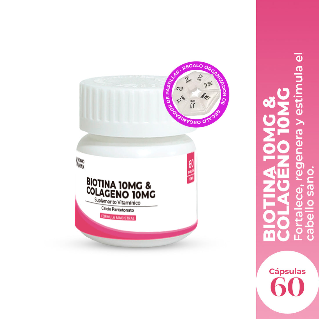 Biotina 10 mg &amp;  Colágeno 10 mg x 60 Cápsulas - Dermo Sumak + REGALO PASTILLERO
