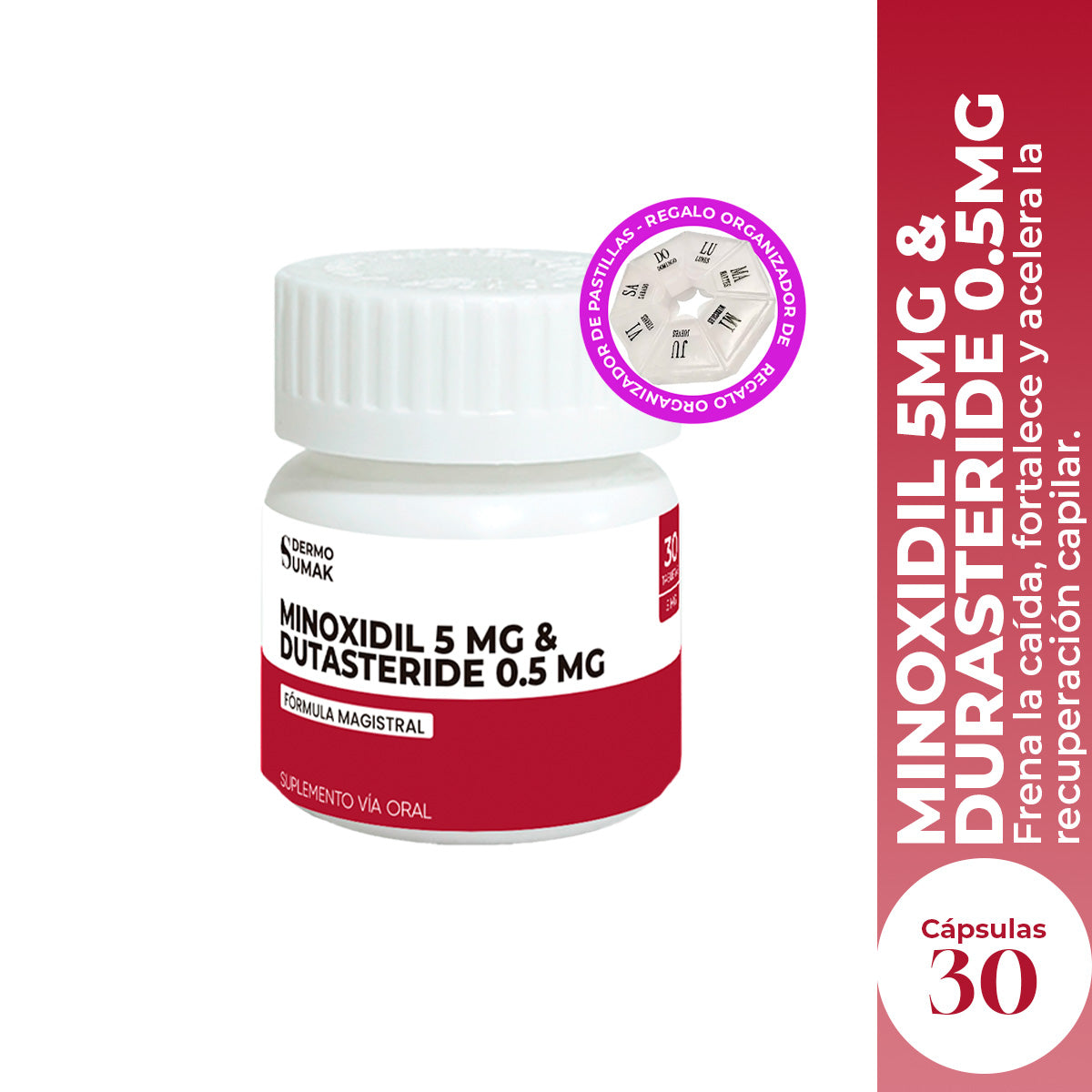 Minoxidil 5 mg &amp; Dutasteride 0.5 mg x 30 Cápsulas - Dermo Sumak + REGALO PASTILLERO