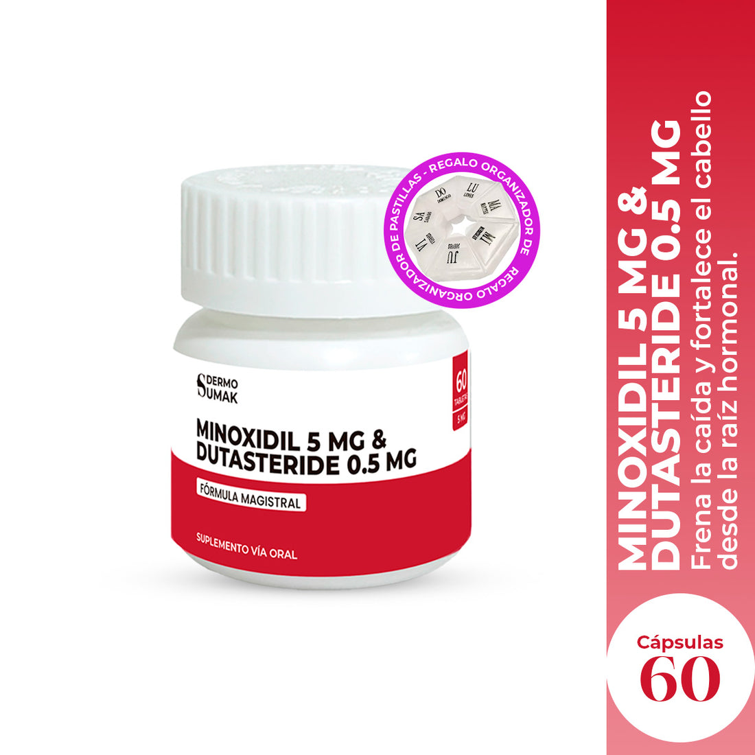 Minoxidil 5 mg &amp; Dutasteride 0.5 mg x 60 Cápsulas - Dermo Sumak + REGALO PASTILLERO