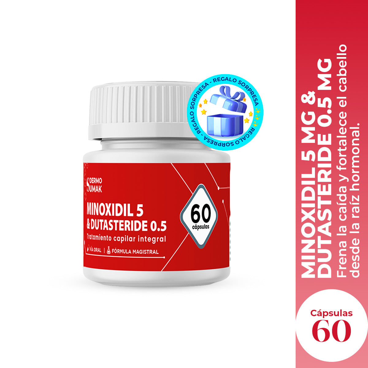 Minoxidil 5 mg &amp; Dutasteride 0.5 mg x 60 Cápsulas - Dermo Sumak + REGALO ALEATORIO