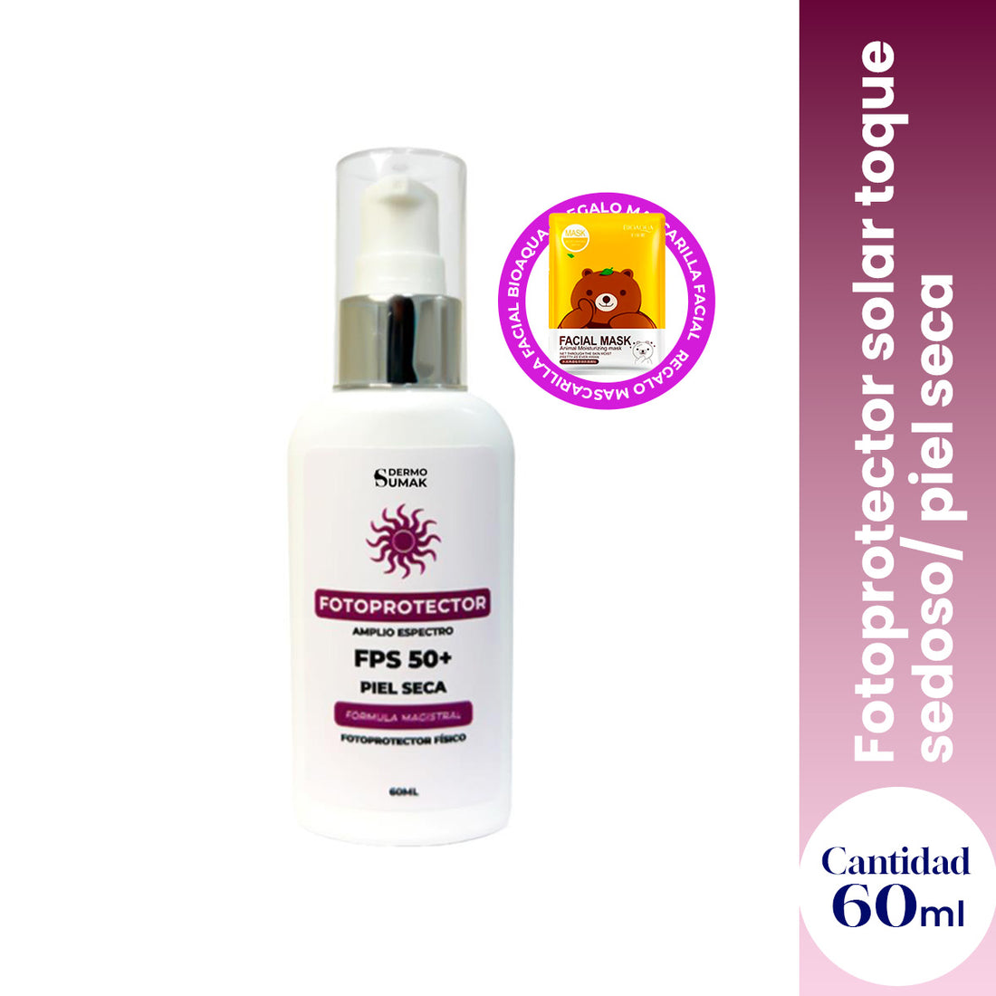 Fotoprotector solar toque sedoso/ piel seca 60ml - Dermo Sumak + REGALO MASCARILLA