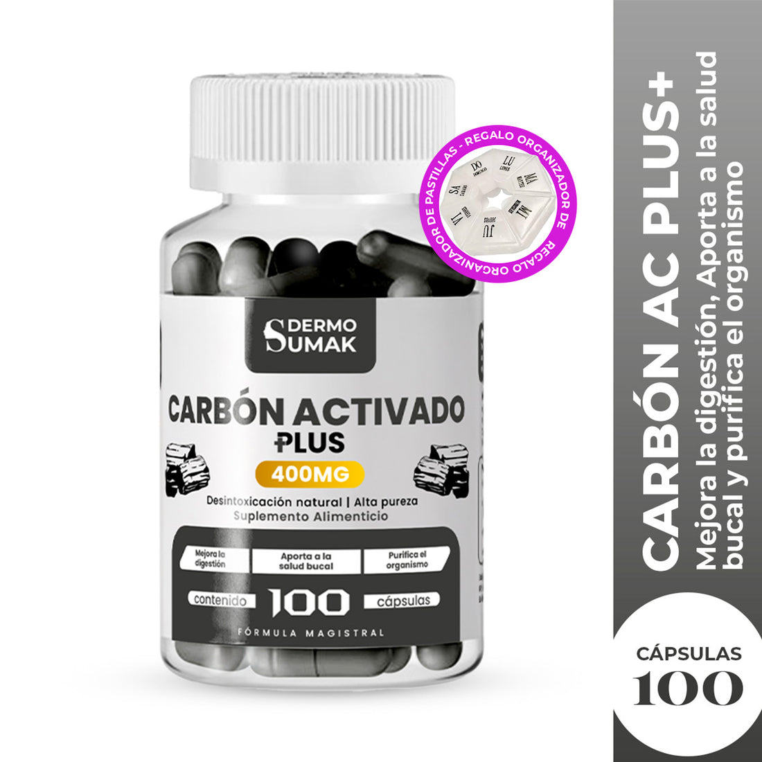 Carbon Activado Plus+ 400mg Dermo Sumak + REGALO PASTILLERO