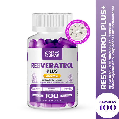 DERMO SUMAK – SUPLEMENTO ANTIOXIDANTE – RESVERATROL PLUS+ – 250mg + REGALO PASTILLERO