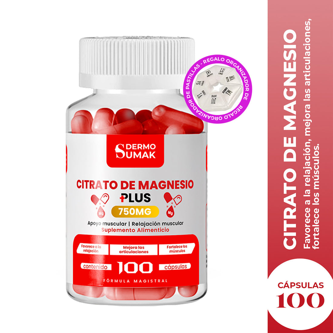 DERMO SUMAK – SUPLEMENTO PARA SALUD MUSCULAR Y NERVIOS – CITRATO DE MAGNESIO PLUS – 100 CÁPSULAS + REGALO PASTILLERO