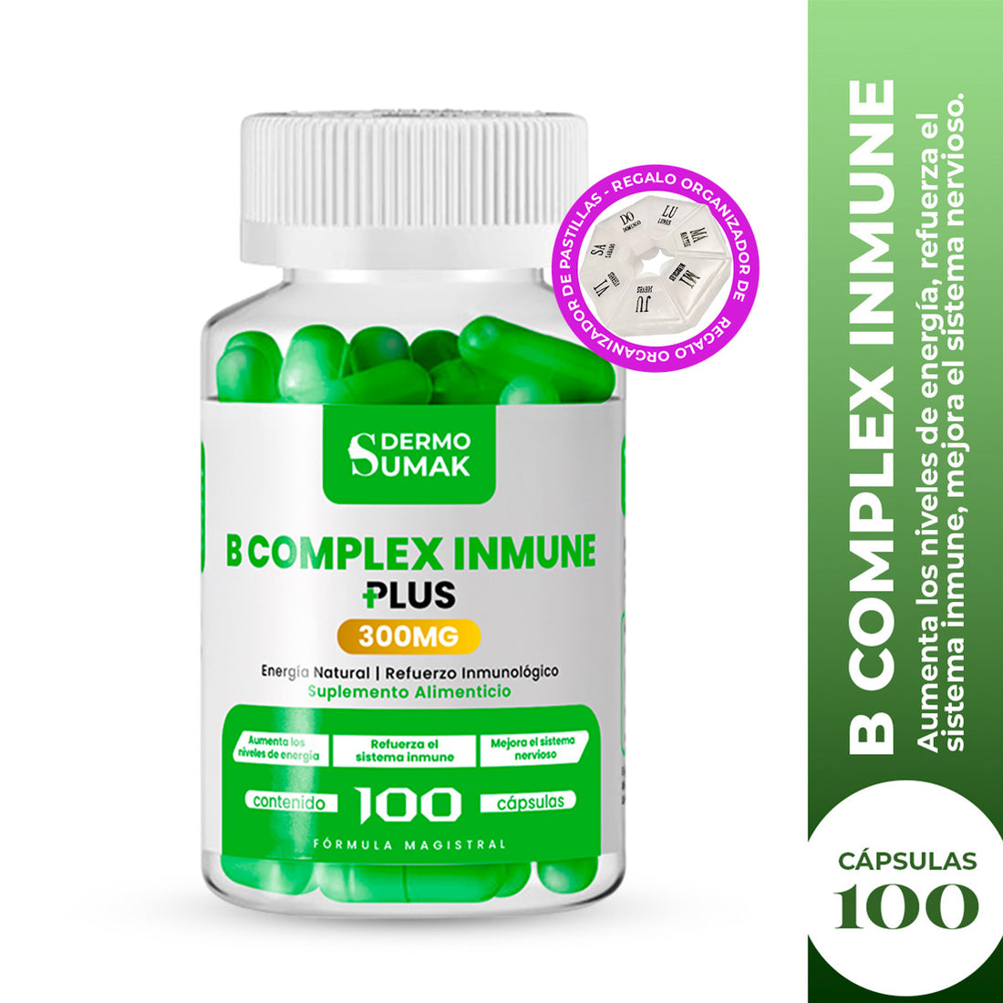 DERMO SUMAK – SUPLEMENTO PARA ENERGÍA Y SISTEMA INMUNE – COMPLEJO B INMUNE – 100 CÁPSULAS + REGALO PASTILLERO