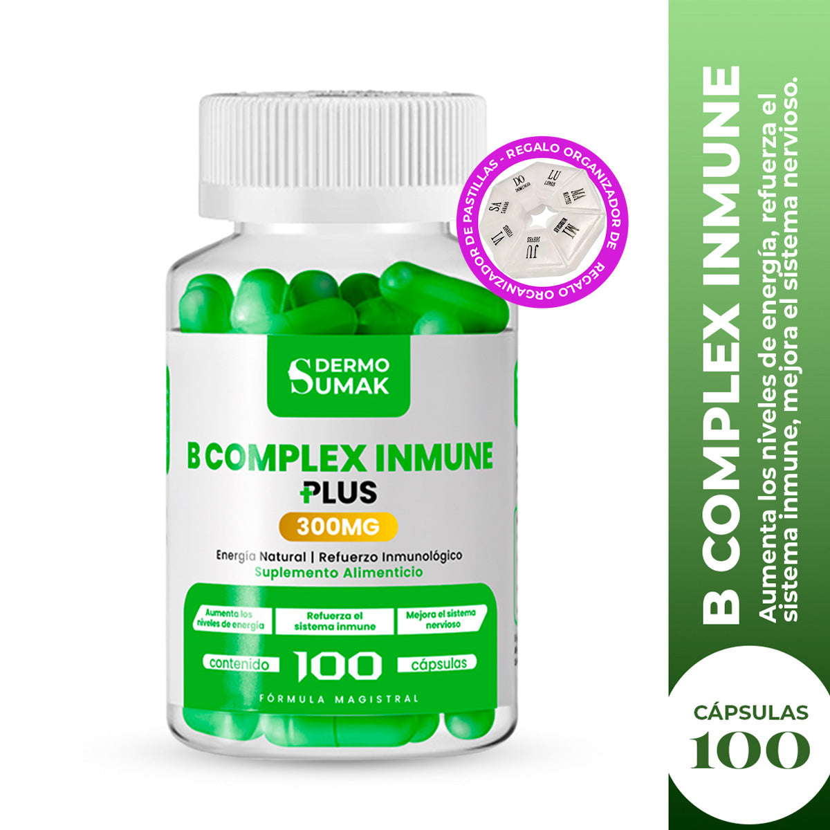 DERMO SUMAK – SUPLEMENTO PARA ENERGÍA Y SISTEMA INMUNE – COMPLEJO B INMUNE – 100 CÁPSULAS + REGALO PASTILLERO