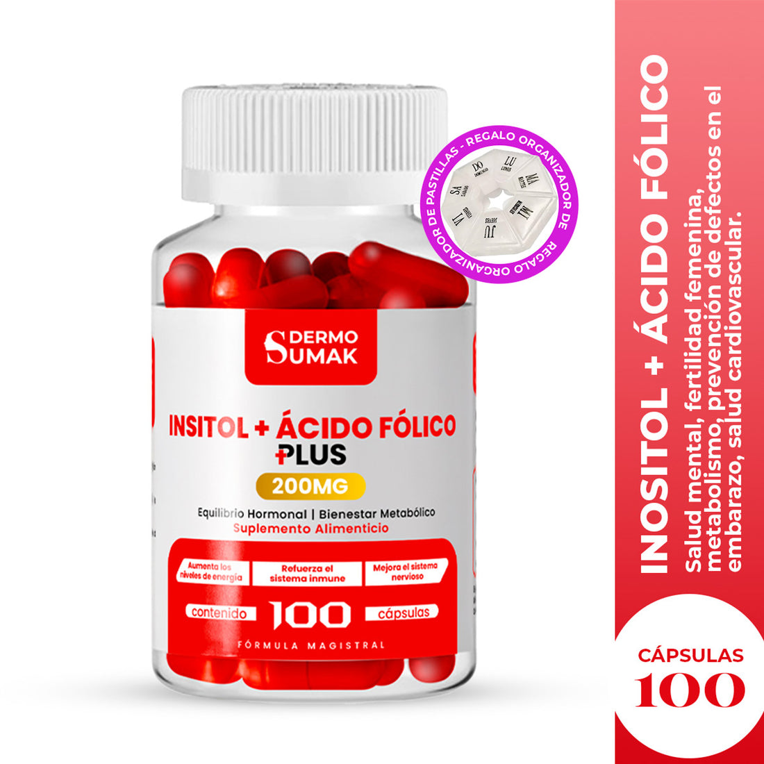 DERMO SUMAK – SUPLEMENTO PARA EQUILIBRIO HORMONAL Y REPRODUCTIVO – INOSITOL + ÁCIDO FÓLICO – 100 CÁPSULAS +  REGALO PASTILLERO