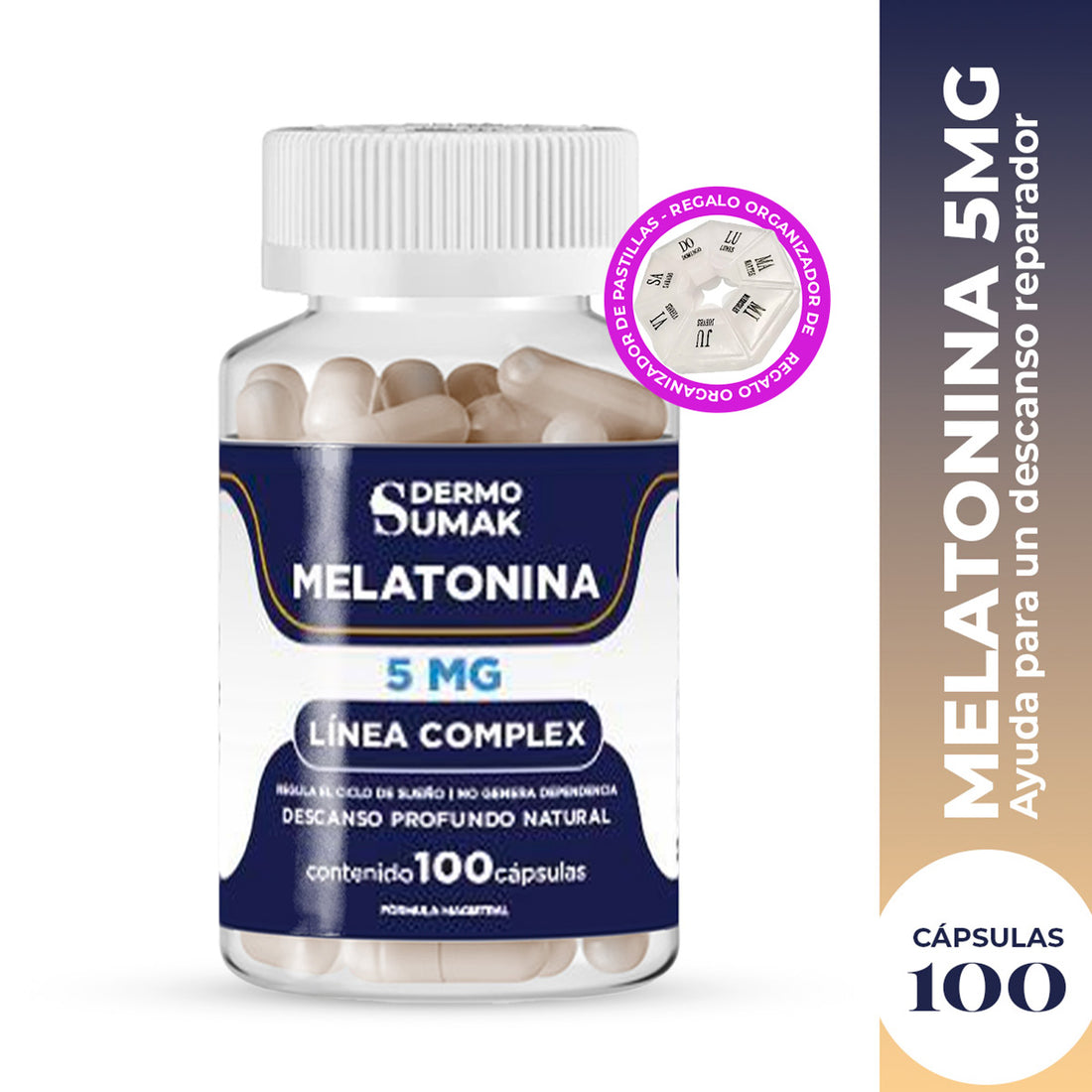 DERMO SUMAK – SUPLEMENTO PARA MEJORAR EL DESCANSO – MELATONINA 5 MG – 100 CÁPSULAS +  REGALO PASTILLERO