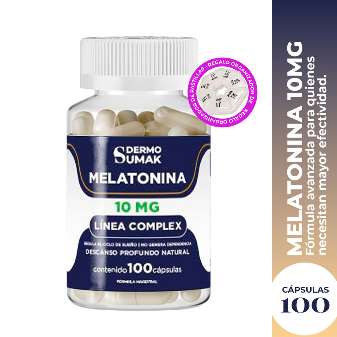 DERMOSUMAK – SUPLEMENTO PARA MEJORAR EL SUEÑO – MELATONINA 10MG – 100 CÁPSULAS +  REGALO PASTILLERO
