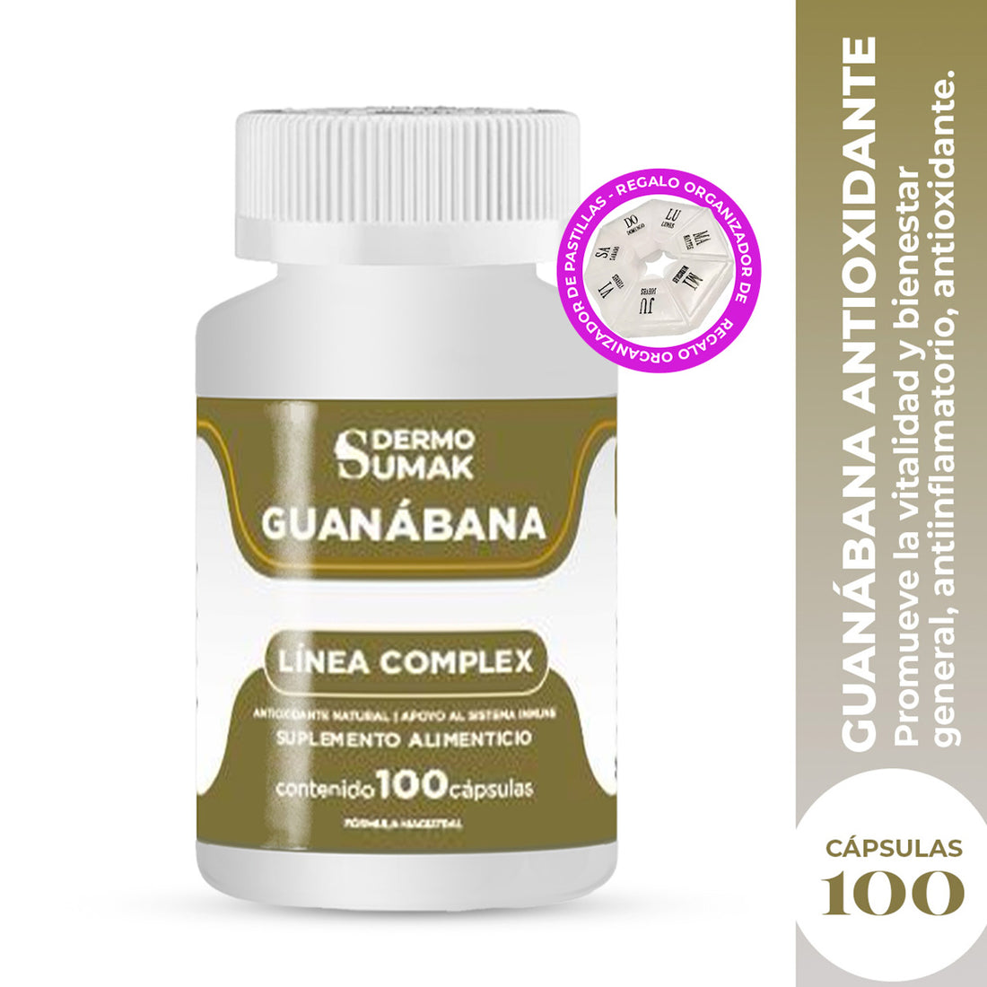 DERMO SUMAK – SUPLEMENTO ANTIOXIDANTE Y DIGESTIVO – GUANÁBANA ANTIOXIDANTE NATURAL – 100 CÁPSULAS + REGALO PASTILLERO
