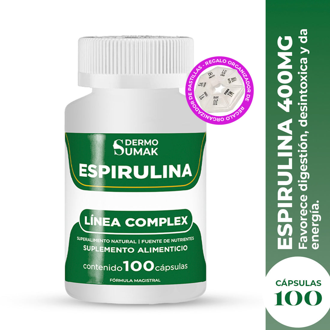 DERMO SUMAK – SUPLEMENTO PARA ENERGÍA Y DEFENSAS – ESPIRULINA SUPERALIMENTO NATURAL – 100 CÁPSULAS + REGALO PASTILLERO