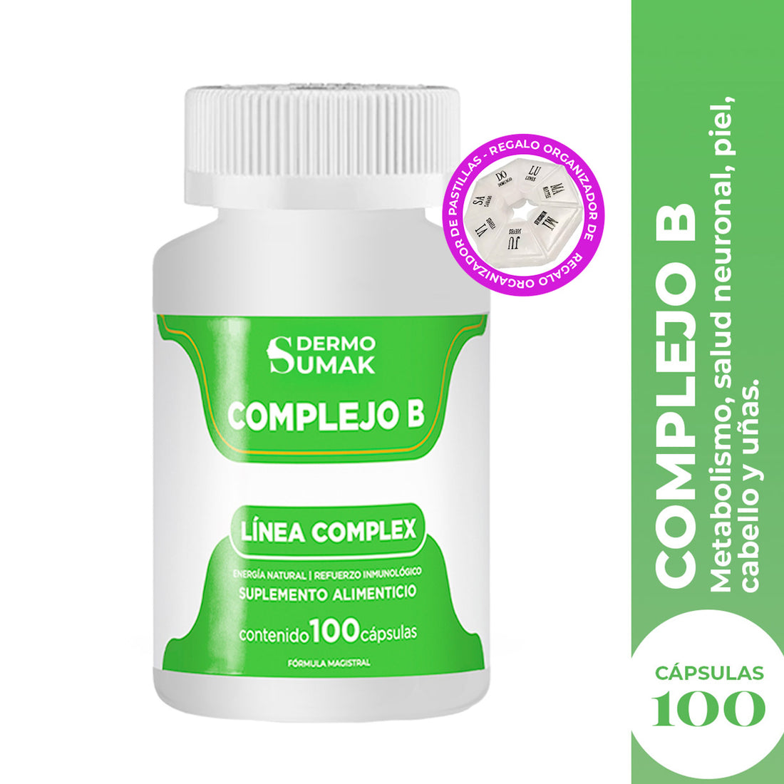 DERMO SUMAK – SUPLEMENTO PARA ENERGÍA Y FUNCIONES VITALES – COMPLEJO B ENERGÍA NATURAL – 100 CÁPSULAS + REGALO PASTILLERO