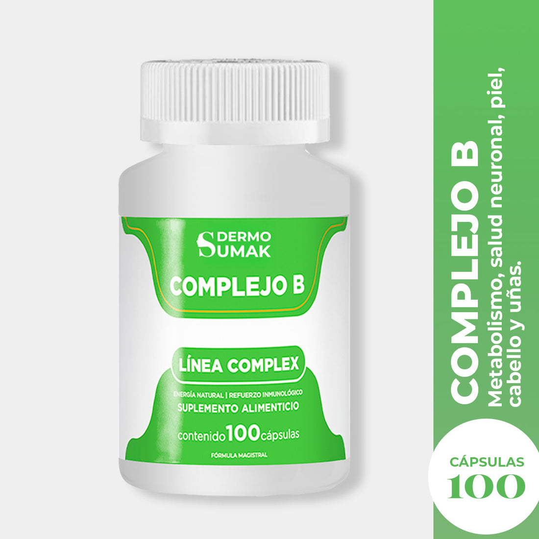 DERMO SUMAK – SUPLEMENTO PARA ENERGÍA Y FUNCIONES VITALES – COMPLEJO B ENERGÍA NATURAL – 100 CÁPSULAS + REGALO PASTILLERO