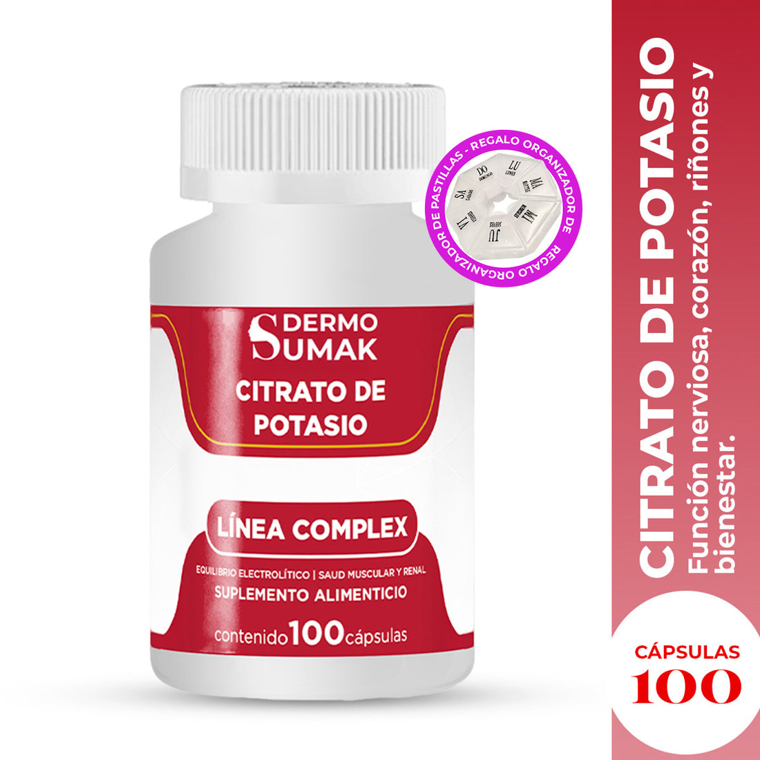 DERMO SUMAK – SUPLEMENTO PARA SALUD MUSCULAR Y NERVIOSA – CITRATO DE POTASIO SALUD MUSCULAR – 100 CÁPSULAS + REGALO PASTILLERO