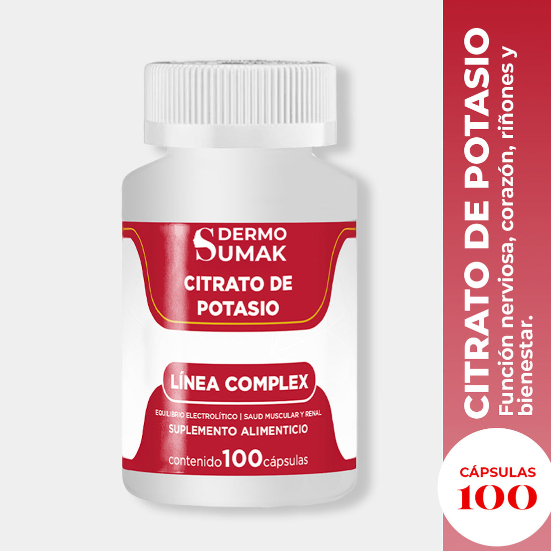 DERMO SUMAK – SUPLEMENTO PARA SALUD MUSCULAR Y NERVIOSA – CITRATO DE POTASIO SALUD MUSCULAR – 100 CÁPSULAS + REGALO PASTILLERO