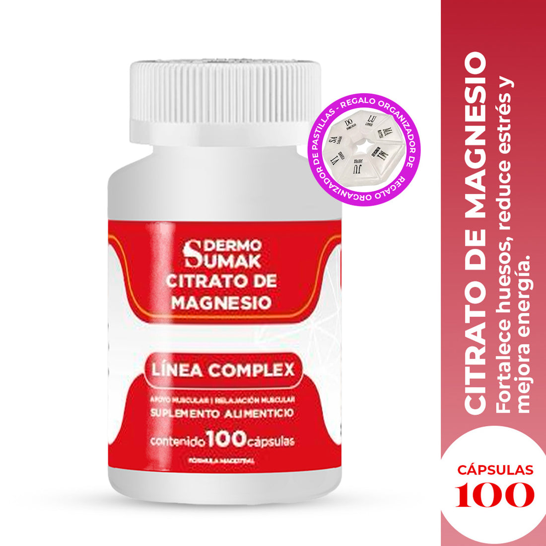 DERMO SUMAK – SUPLEMENTO PARA LA ENERGÍA Y FUNCIONES CORPORALES – CITRATO DE MAGNESIO ENERGÍA NATURAL – 100 CÁPSULAS + REGALO PASTILLERO