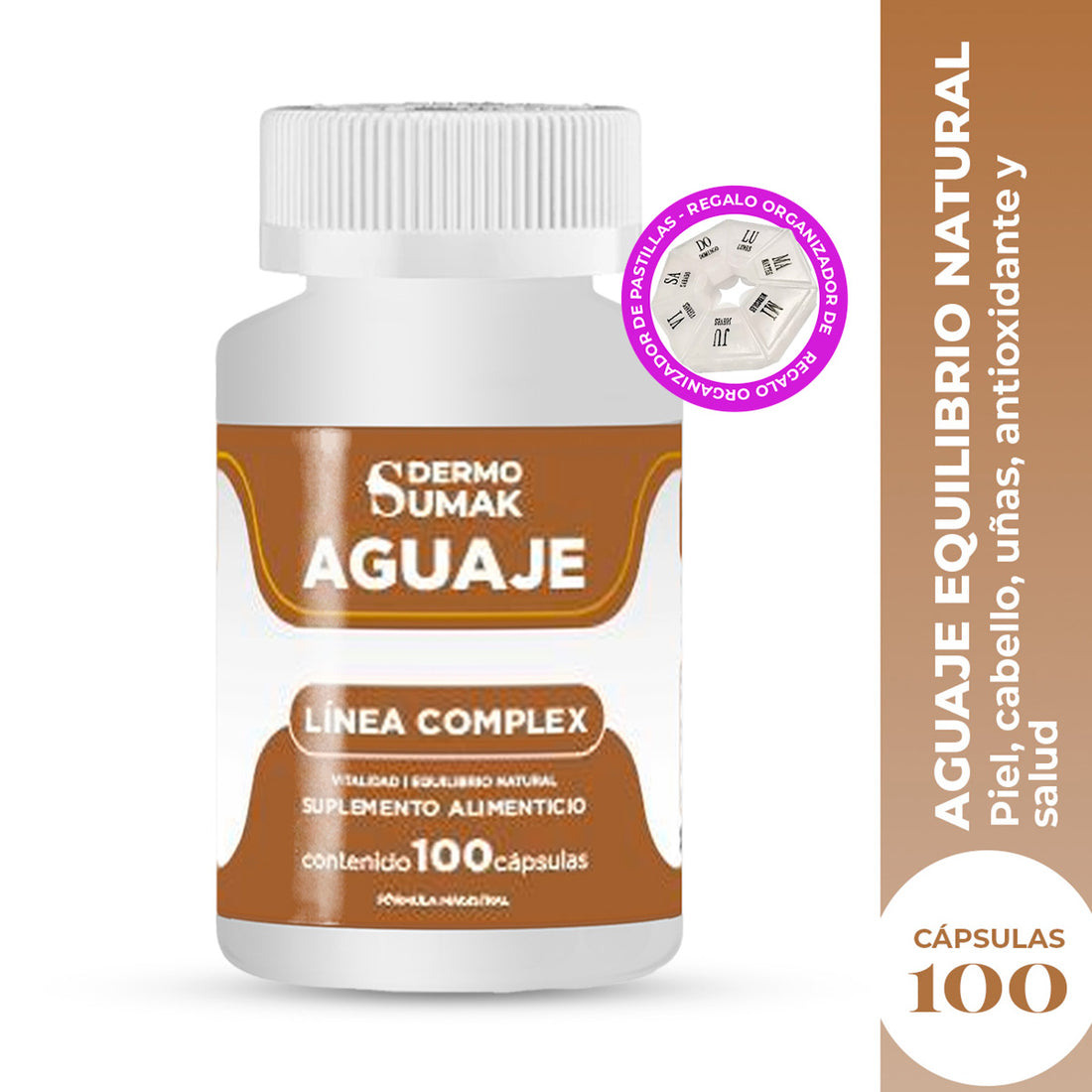 DERMO SUMAK – SUPLEMENTO NATURAL PARA EL BIENESTAR FEMENINO – AGUAJE EQUILIBRIO NATURAL – 100 CÁPSULAS + REGALO PASTILLERO
