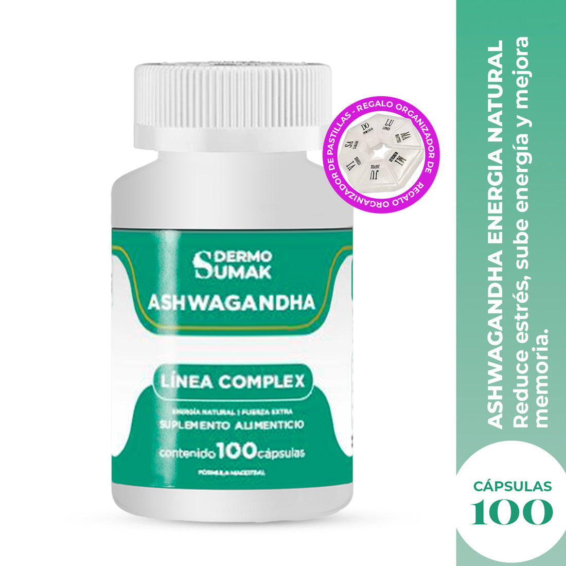 DERMO SUMAK – SUPLEMENTO NATURAL PARA ENERGÍA Y ESTRÉS – ASHWAGANDHA ENERGÍA NATURAL – 100 CÁPSULAS + REGALO PASTILLERO