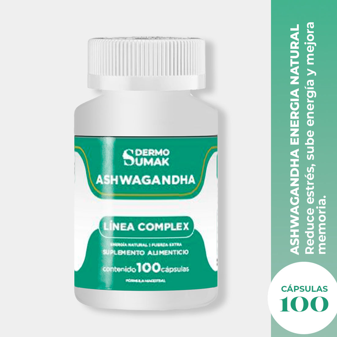 DERMO SUMAK – SUPLEMENTO NATURAL PARA ENERGÍA Y ESTRÉS – ASHWAGANDHA ENERGÍA NATURAL – 100 CÁPSULAS + REGALO PASTILLERO