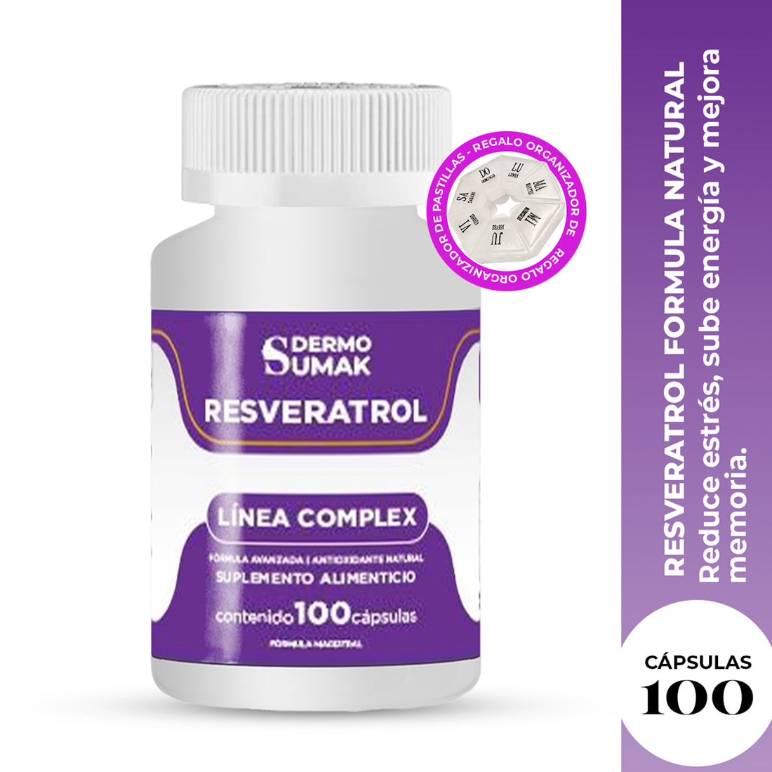 DERMO SUMAK – SUPLEMENTO ANTIOXIDANTE – RESVERATROL FÓRMULA NATURAL – 100 CÁPSULAS + REGALO PASTILLERO