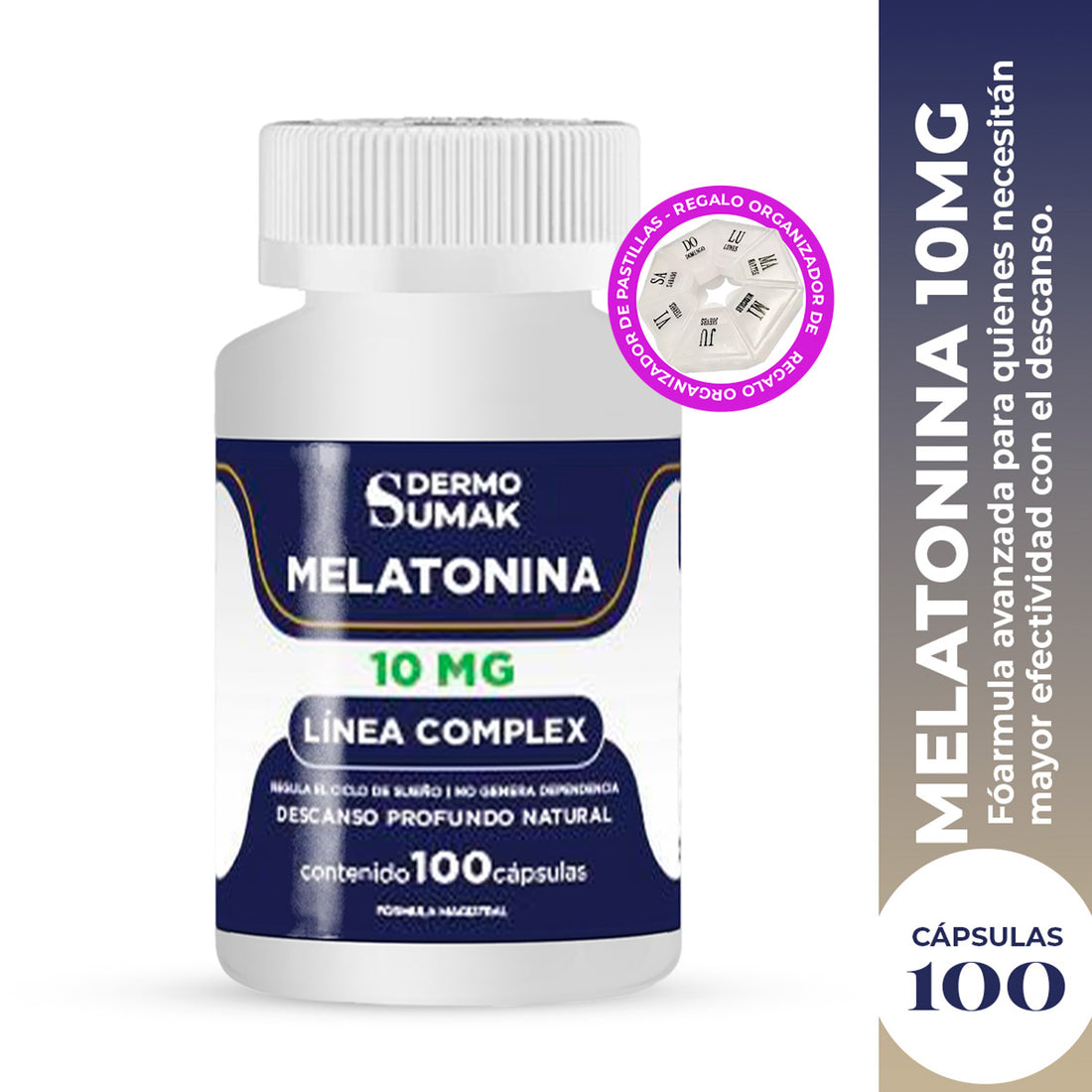 DERMO SUMAK – SUPLEMENTO PARA REGULAR EL SUEÑO Y RITMO CIRCADIANO – MELATONINA 10 MG – 100 CÁPSULAS + REGALO PASTILLERO