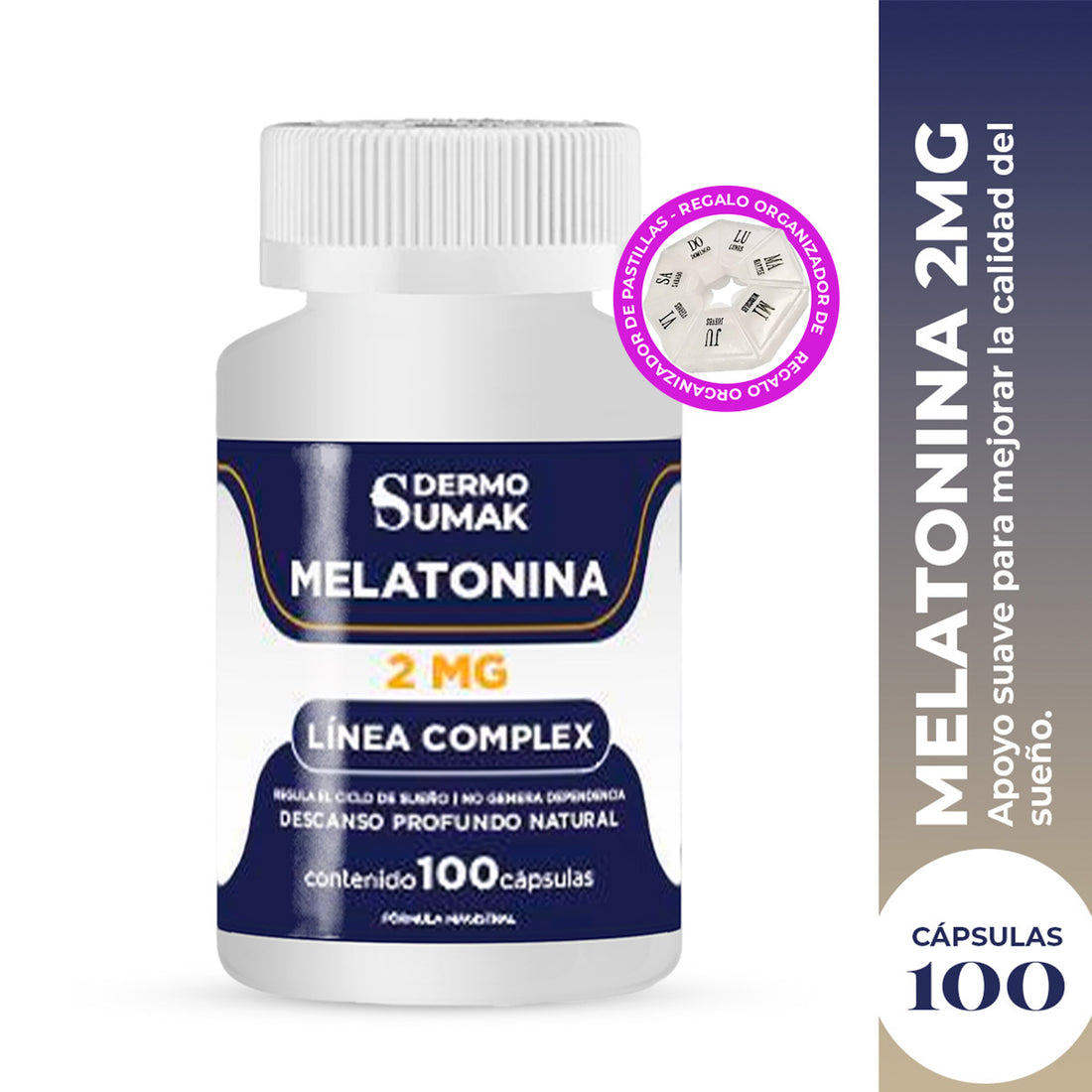 DERMO SUMAK – SUPLEMENTO PARA DESCANSO LIGERO Y NATURAL – MELATONINA 2 MG – 100 CÁPSULAS + REGALO PASTILLERO