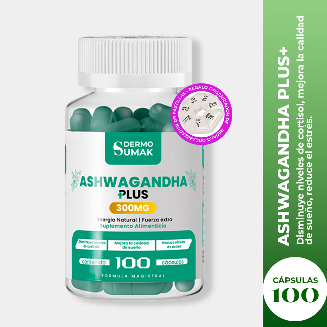 DERMO SUMAK – SUPLEMENTO PARA ESTRÉS, ENERGÍA Y BIENESTAR MENTAL – ASHWAGANDHA PLUS+ – 100 CÁPSULAS + REGALO PASTILLERO